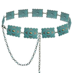 TOPACC Turquoise Concho belts for Women Western Square Teal Metal Cowgirl Boho Chain Belt for Dresses Jeans Country Concert Outfit