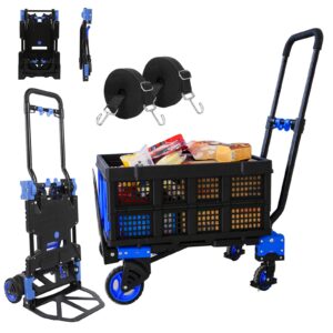 folding hand truck and dolly cart heavy duty 330lb load carrying portable 2 in 1 convertible hand truck with 4 rubber wheels 2 bungee cords for traveling,office use,travel (hand truck with basket)