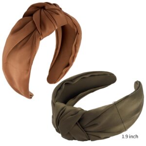 VELSCRUN 2 Pack Satin Wide Knotted Headbands - Brown Elastic Turbans, Non-Slip Silk Hair Styling Accessories for Women, Sisters, Girls, Gifts