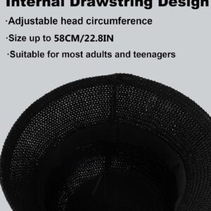 MEINICY Women Mesh Woven Bucket Hat Beach Hat Straw Sun Hat Fashion Foldable Packable Fishing Solid Black Hat for Spring Summer Autumn