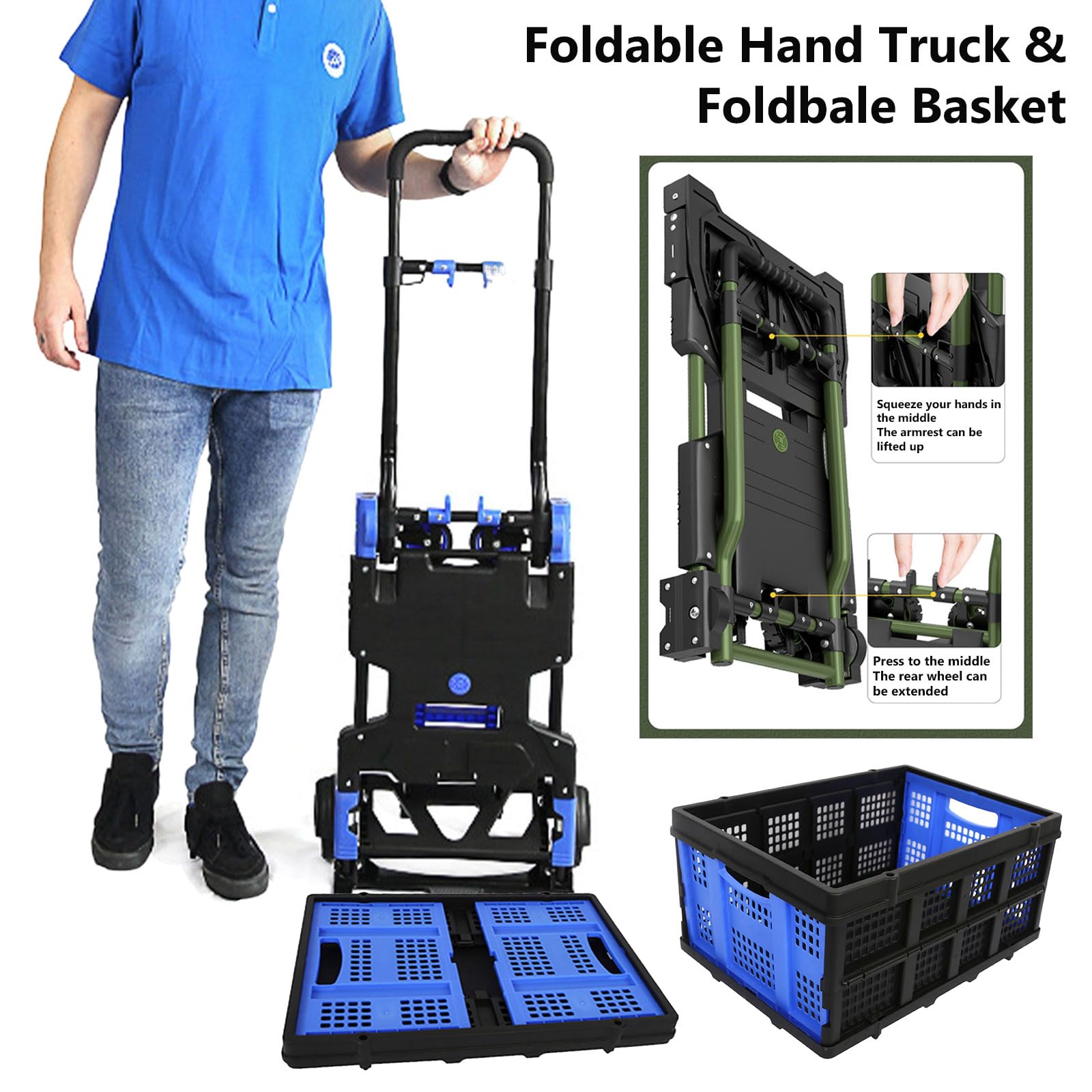 Folding Hand Truck and Dolly Cart Heavy Duty 330lb Load Carrying Portable 2 in 1 Convertible Hand Truck with 4 Rubber Wheels 2 Bungee Cords for Traveling,Office Use,Travel (Hand Truck with Basket)