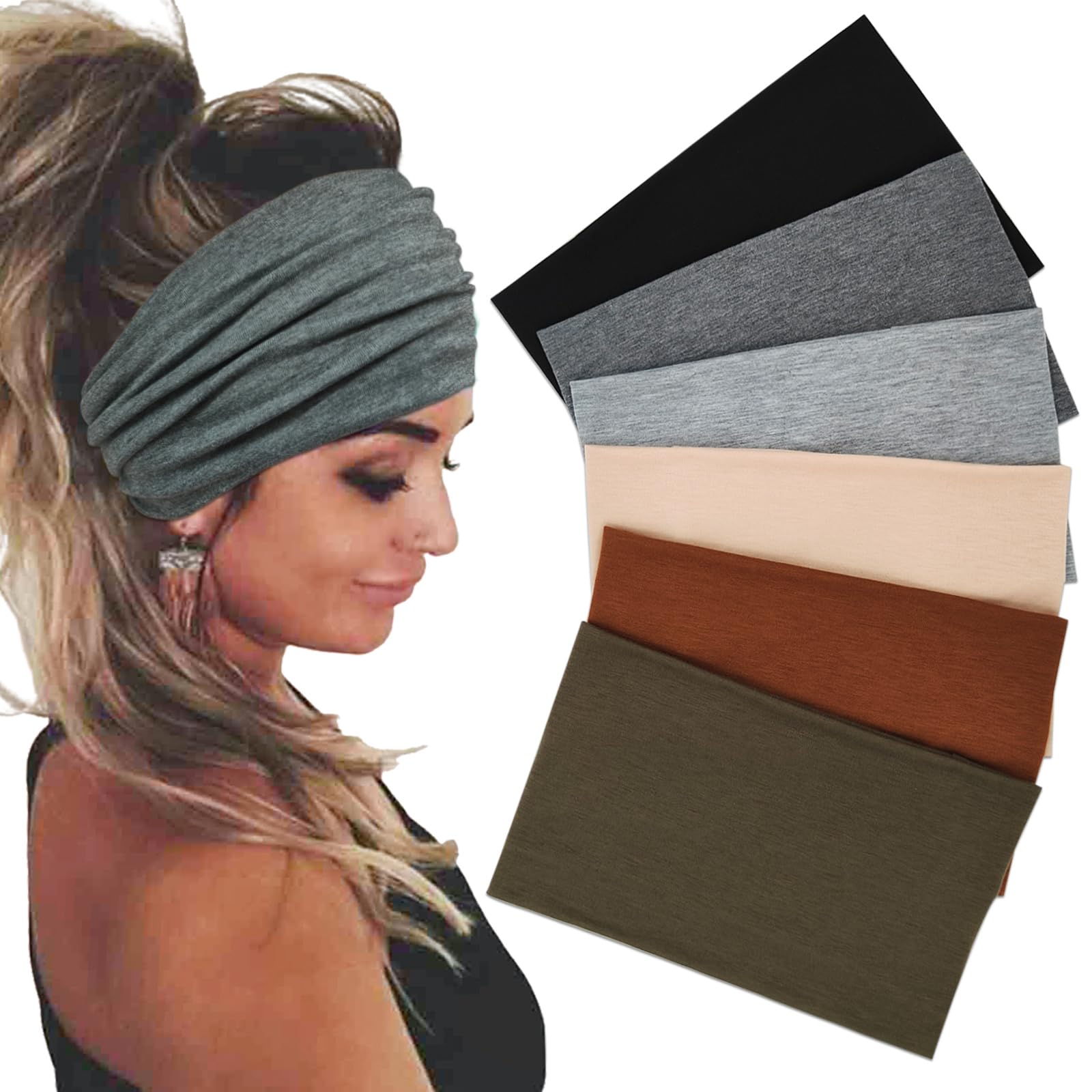 Sefiinh Wide Headbands For Women Stretch Headband Boho Head Bands Women's Hair Band Turban Workout Hairband Accessories 6 Pack