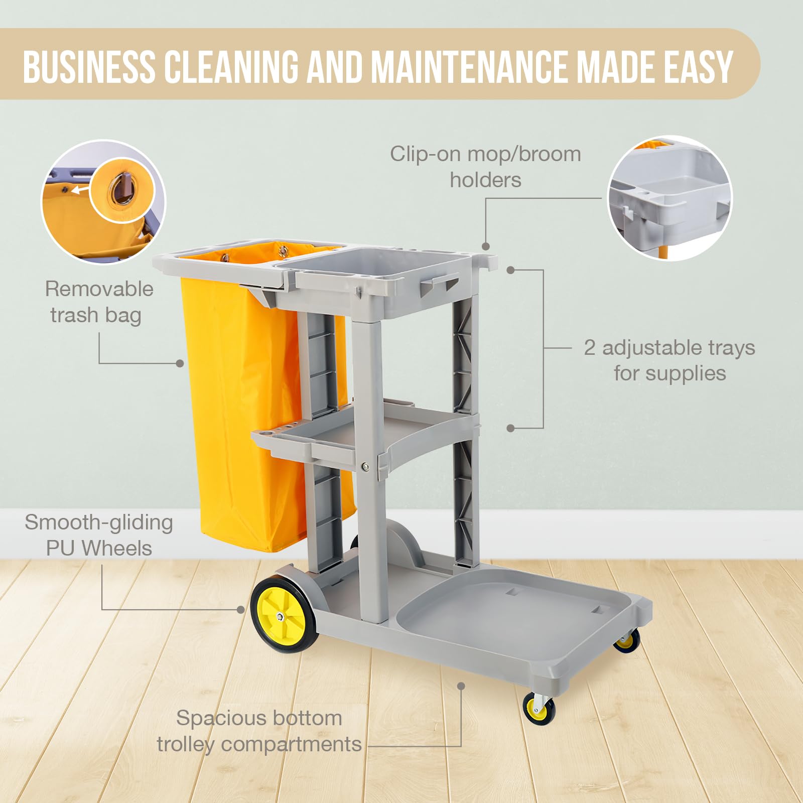 Janitorial Utility Cart - Multifunctional 3-Tier Cleaning Cart for Apartment Buildings, Business Centers, Hotels - Waste Management Trolley - Janitor Cleaning Push Cart w/ 25-gal Removable Trash Bag