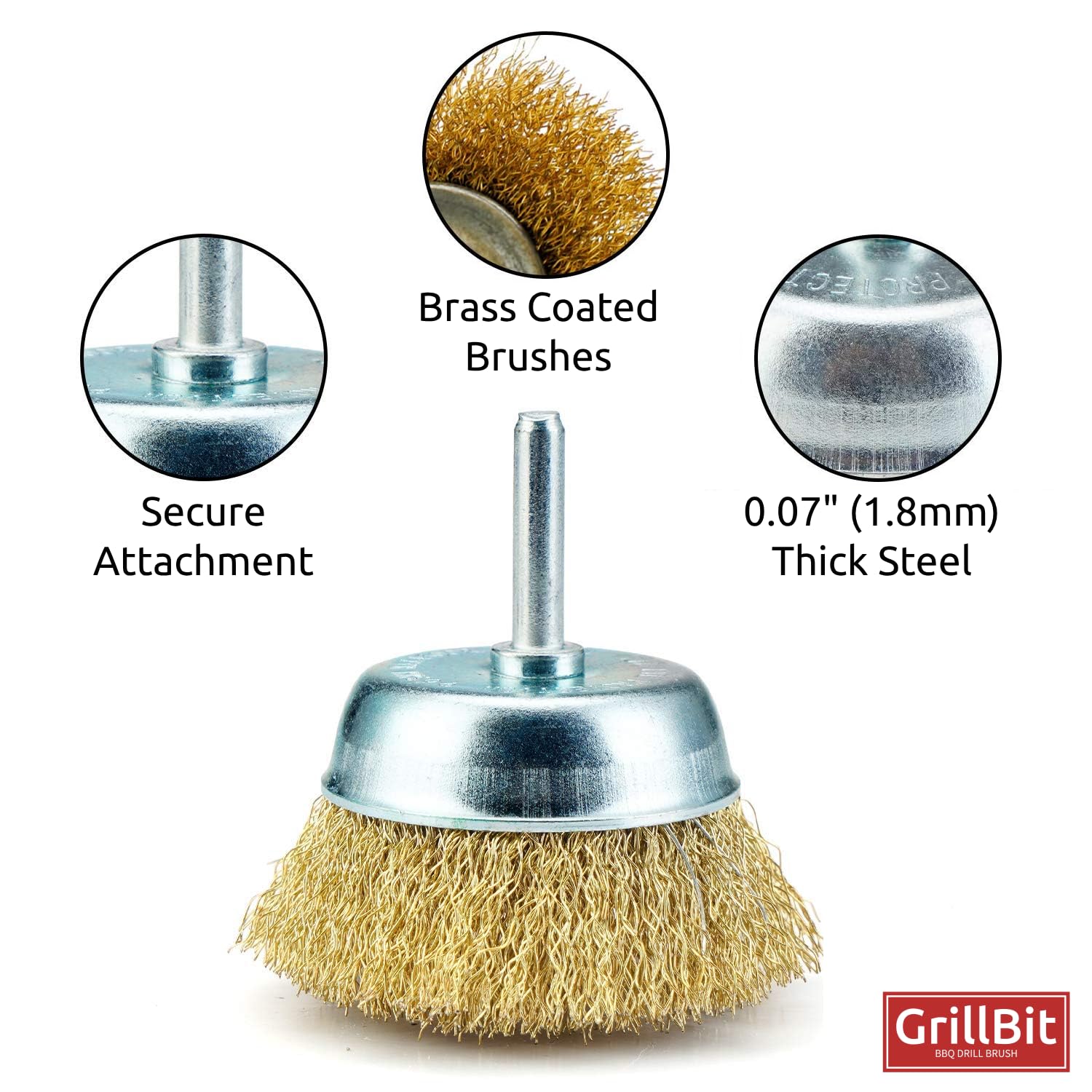 GrillBit BBQ Drill Brush for Grill Cleaning. Drill Cleaning BBQ Wire Brush. 7 Piece Set. Clean & Restore Your Grill Fast & Easy. Brass Coated Wire Brushes. Super Effective. Not Plastic. Not Meltable.