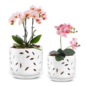 efispss orchid pot with holes, 5+6inch ceramic plant pots with drainage holes and tray, promoting air circulation and drainage, indoor/outdoor white flower pots