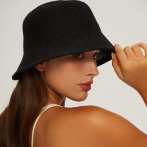 MEINICY Women Mesh Woven Bucket Hat Beach Hat Straw Sun Hat Fashion Foldable Packable Fishing Solid Black Hat for Spring Summer Autumn