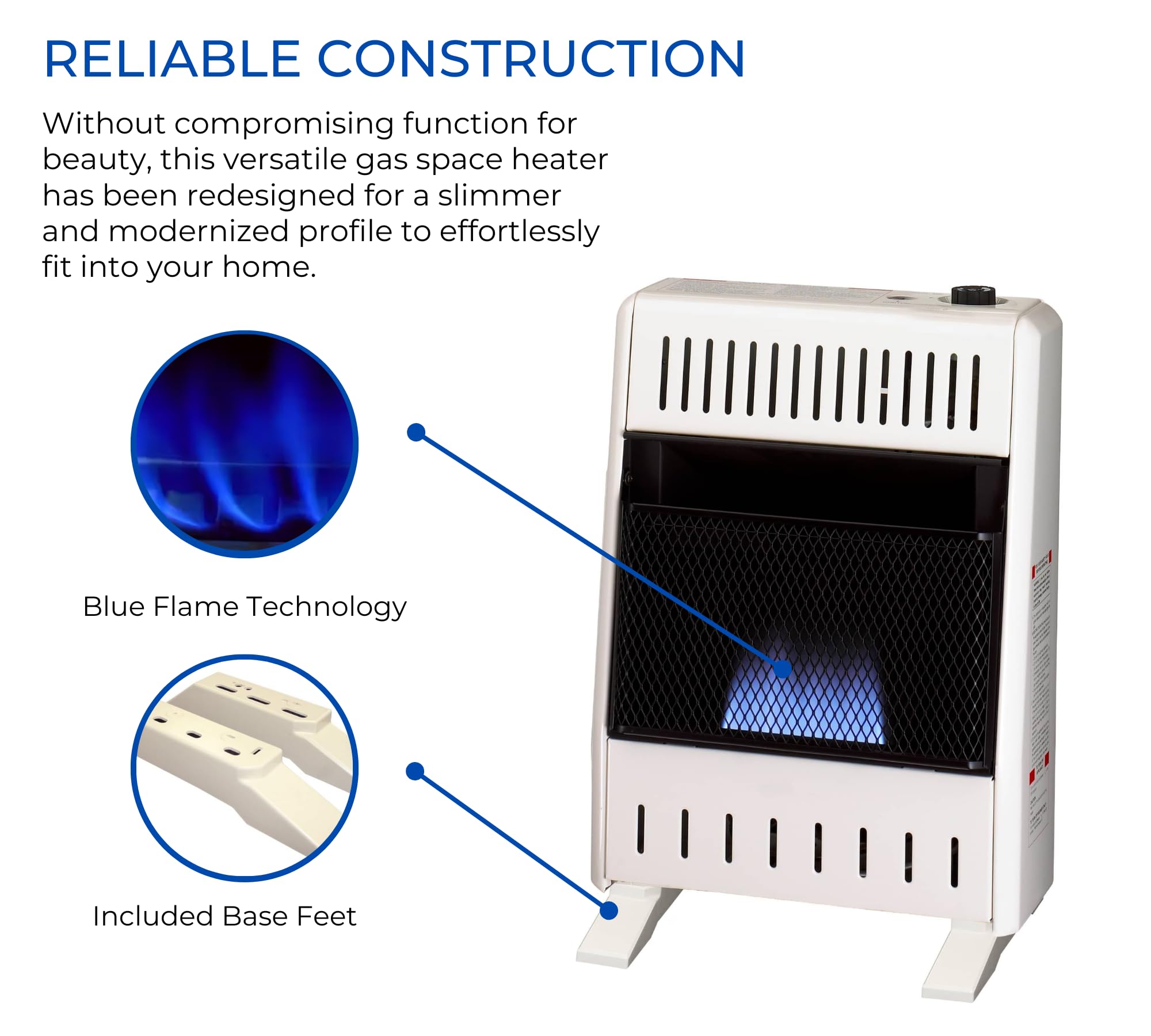 ProCom ML100TBA-B Ventless Propane Gas Blue Flame Space Heater with Thermostat Control for Home and Office Use, 10000 BTU, Heats Up to 500 Sq. Ft., Includes Wall Mount and Base Feet, White