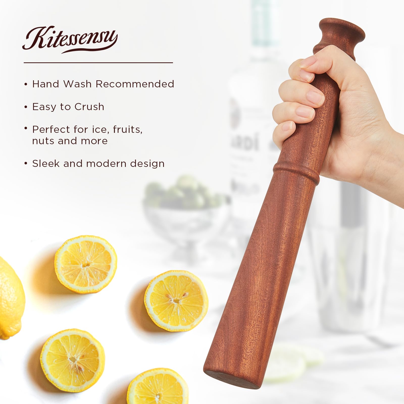 KITESSENSU Wooden Muddler, Cocktail Muddler for Cocktails, Mojito Muddler for Lemonade Herb Lemon Garlic Crusher, Streamlined Design, Durable, Sapele Wood