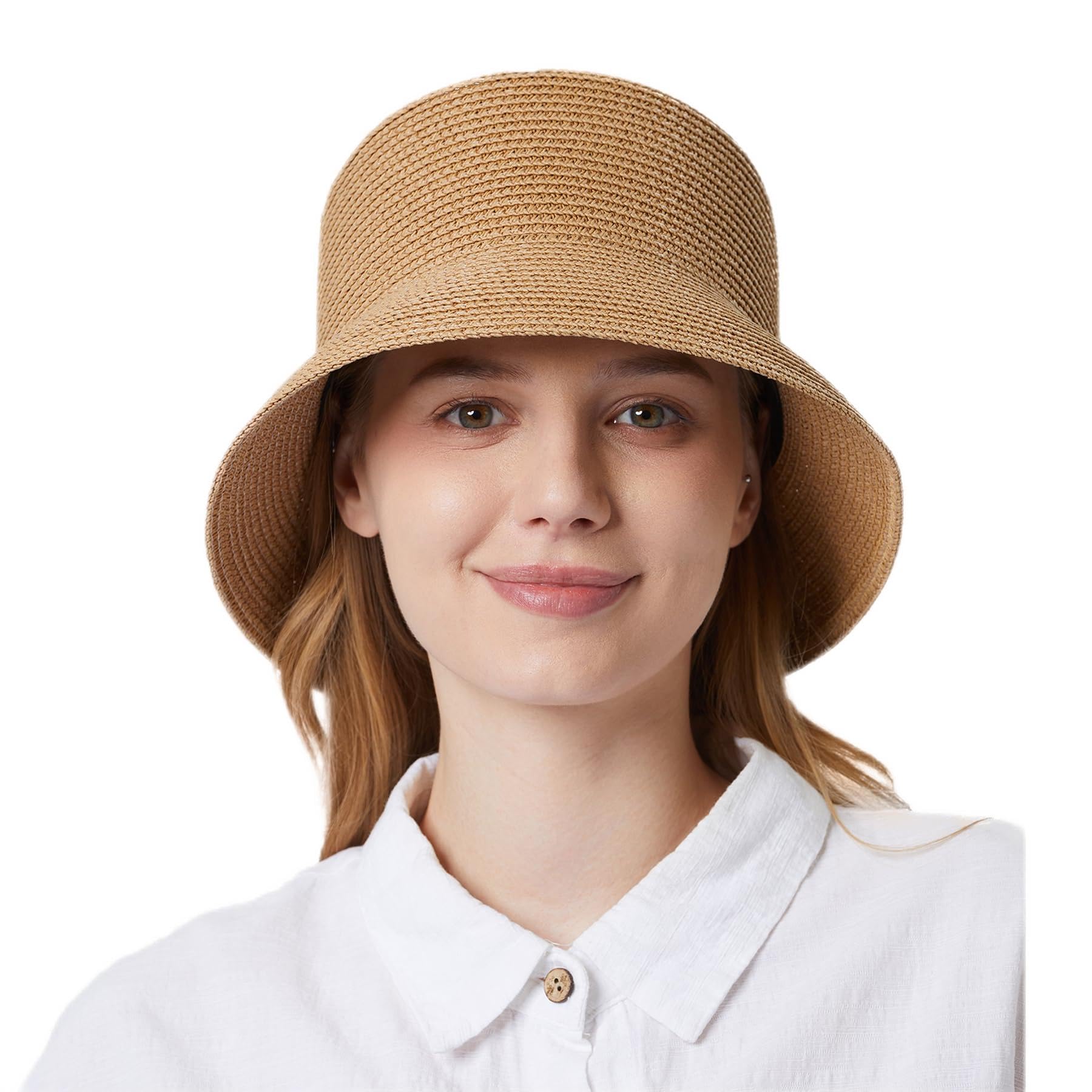 Lightbird Women's Straw Bucket Hat Beach Hat Foldable Summer Travel Sun Caps Outdoor Fisherman Hat Brown