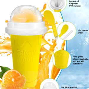 Slushy Maker Cup, DIY Magic Slushy Maker Squeeze Cup, Portable Smoothie Squeeze Cup for Juices, Milk and Ice Cream Make, Double Layers Silica Cup with Lid & Straw for Kids, Friends, Family (Yellow)1