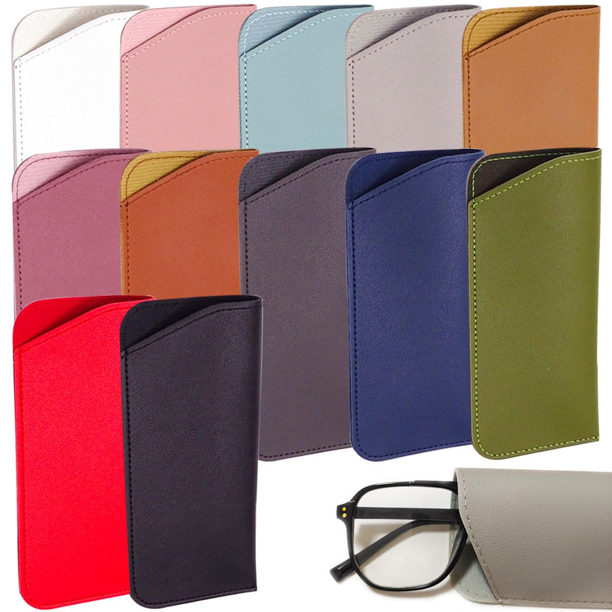 AddLotLot 12 PCS Soft Sunglasses Cases Leather Sunglasses Pouch Slim Glasses Case Multicolor Portable Glasses Case, Travel Sunglasses Case for Men Women Kids Storing All Kinds of Glasses