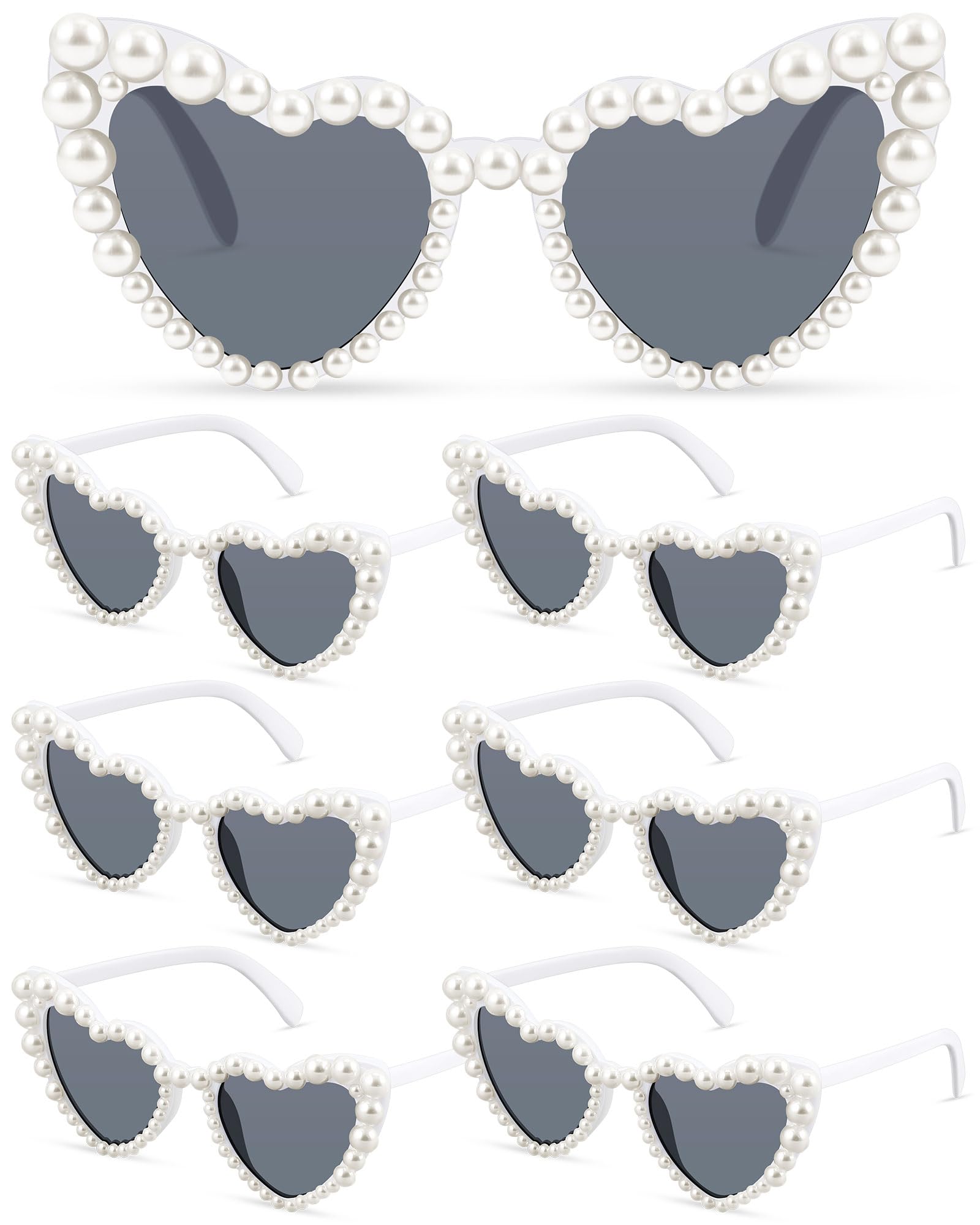 Huquary 6 Pairs Heart Pearl Sunglasses Bride Sunglasses for Wedding Vintage Heart Sun Glasses Love Shaped Sunglasses (White)