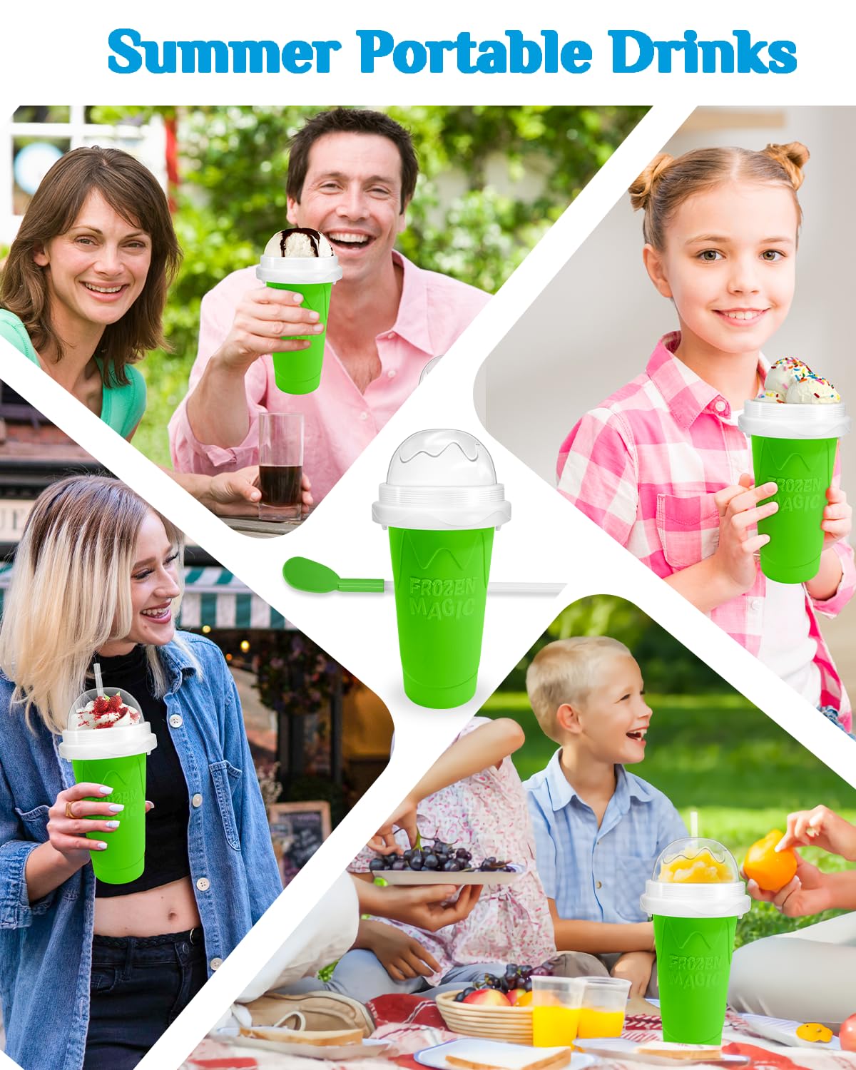 Slushy Maker Cup, DIY Magic Slushy Maker Squeeze Cup, Portable Smoothie Squeeze Cup for Juices, Milk and Ice Cream Make, Double Layers Silica Cup with Lid & Straw for Kids, Friends, Family (Green)1