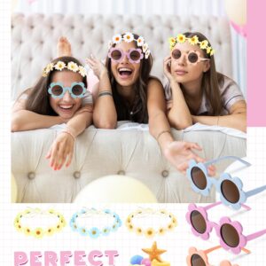 Kanayu 16 Pcs Adults Flower Sunglasses Daisy Flower Headbands Set, Round Flower Glasses Sunflower Hair Wreath Flower Crown (Classic Colors)