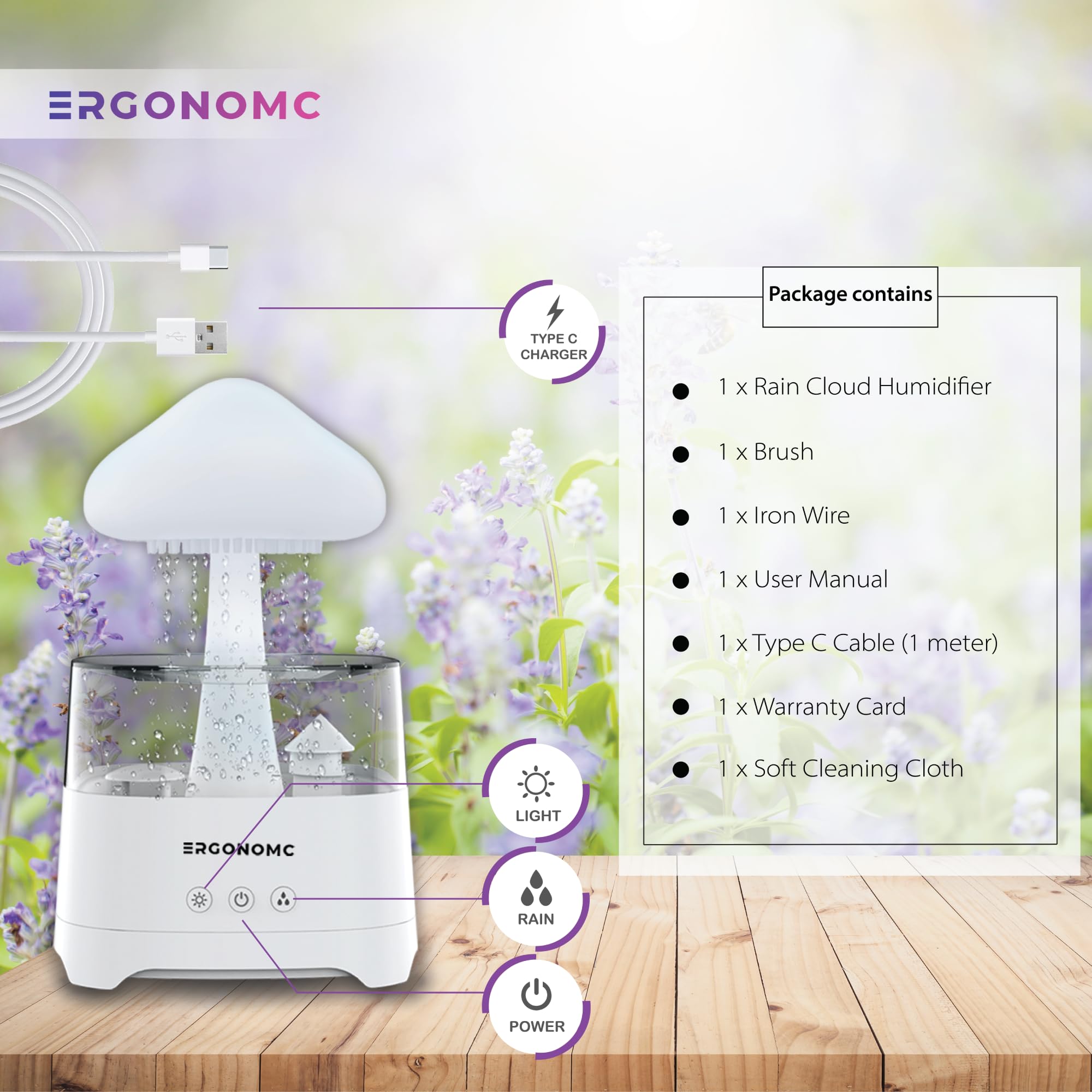 Rain Cloud Humidifier Water Drip, 2X Cool Mist Rate Ultrasonic Aromatherapy Diffuser by Ergonomc: Remote Controlled, 7 Color Night Light, 450ml, Auto Shut Off, Mushroom Humidifier, 1Yr Warranty