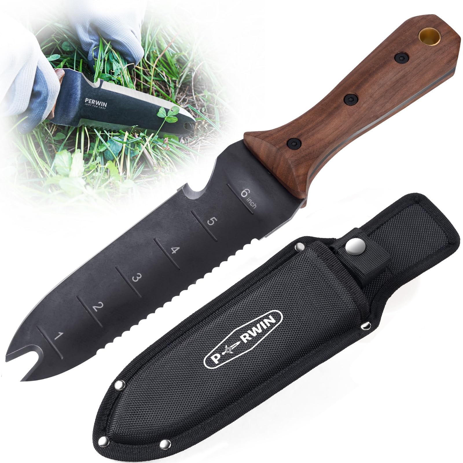 PERWIN Hori Hori Garden Knife, Garden Tools with Sheath for Weeding,Planting,Digging, 7" Stainless Steel Blade with Cutting Edge, Full-Tang walnut Wood Handle with Hanging Hole