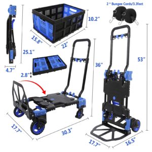 Folding Hand Truck and Dolly Cart Heavy Duty 330lb Load Carrying Portable 2 in 1 Convertible Hand Truck with 4 Rubber Wheels 2 Bungee Cords for Traveling,Office Use,Travel (Hand Truck with Basket)