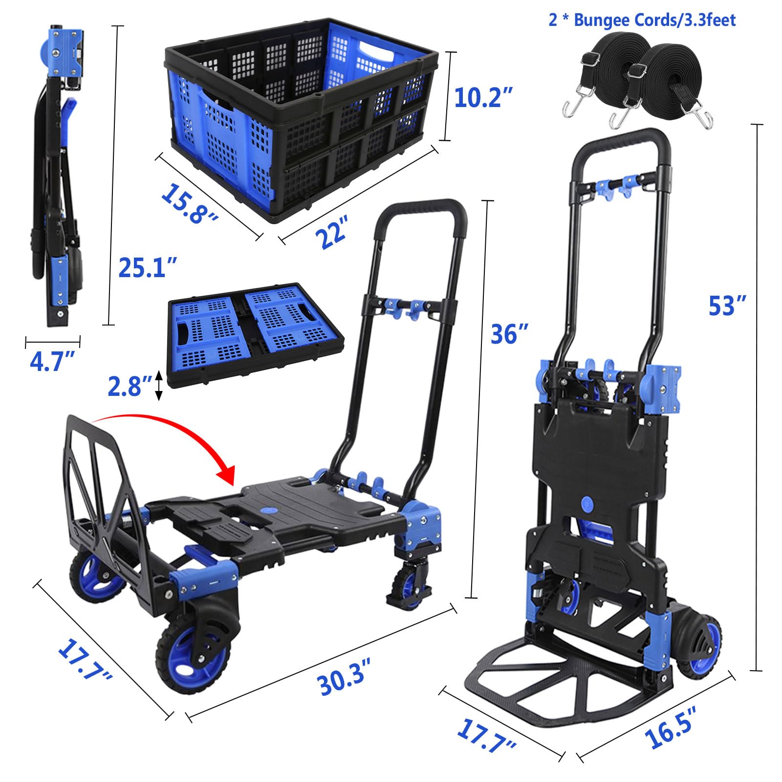 Folding Hand Truck and Dolly Cart Heavy Duty 330lb Load Carrying Portable 2 in 1 Convertible Hand Truck with 4 Rubber Wheels 2 Bungee Cords for Traveling,Office Use,Travel (Hand Truck with Basket)