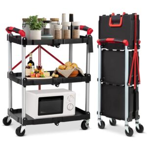 pioneerworks 3-tier folding service cart, 56 lbs load capacity, 360-degree wheels, black