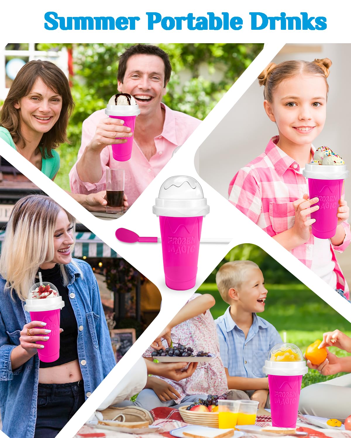 Slushy Maker Cup, DIY Magic Slushy Maker Squeeze Cup, Portable Smoothie Squeeze Cup for Juices, Milk and Ice Cream Make, Double Layers Silica Cup with Lid & Straw for Kids, Friends, Family (Pink)1