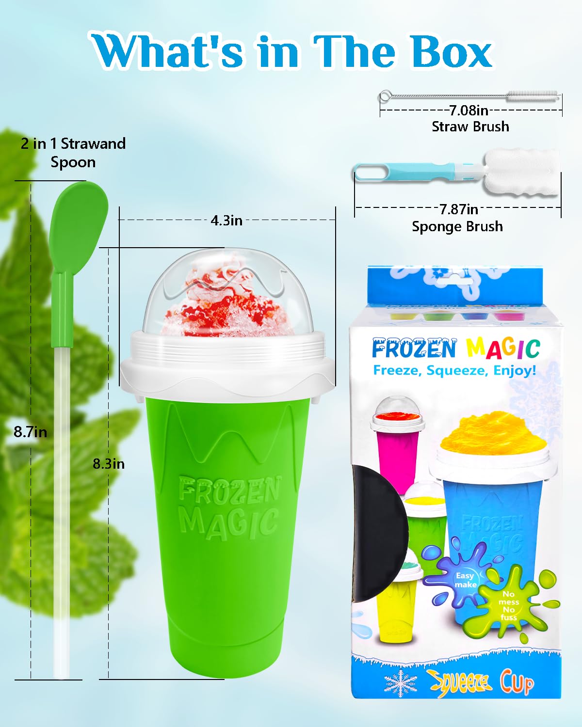 Slushy Maker Cup, DIY Magic Slushy Maker Squeeze Cup, Portable Smoothie Squeeze Cup for Juices, Milk and Ice Cream Make, Double Layers Silica Cup with Lid & Straw for Kids, Friends, Family (Green)1