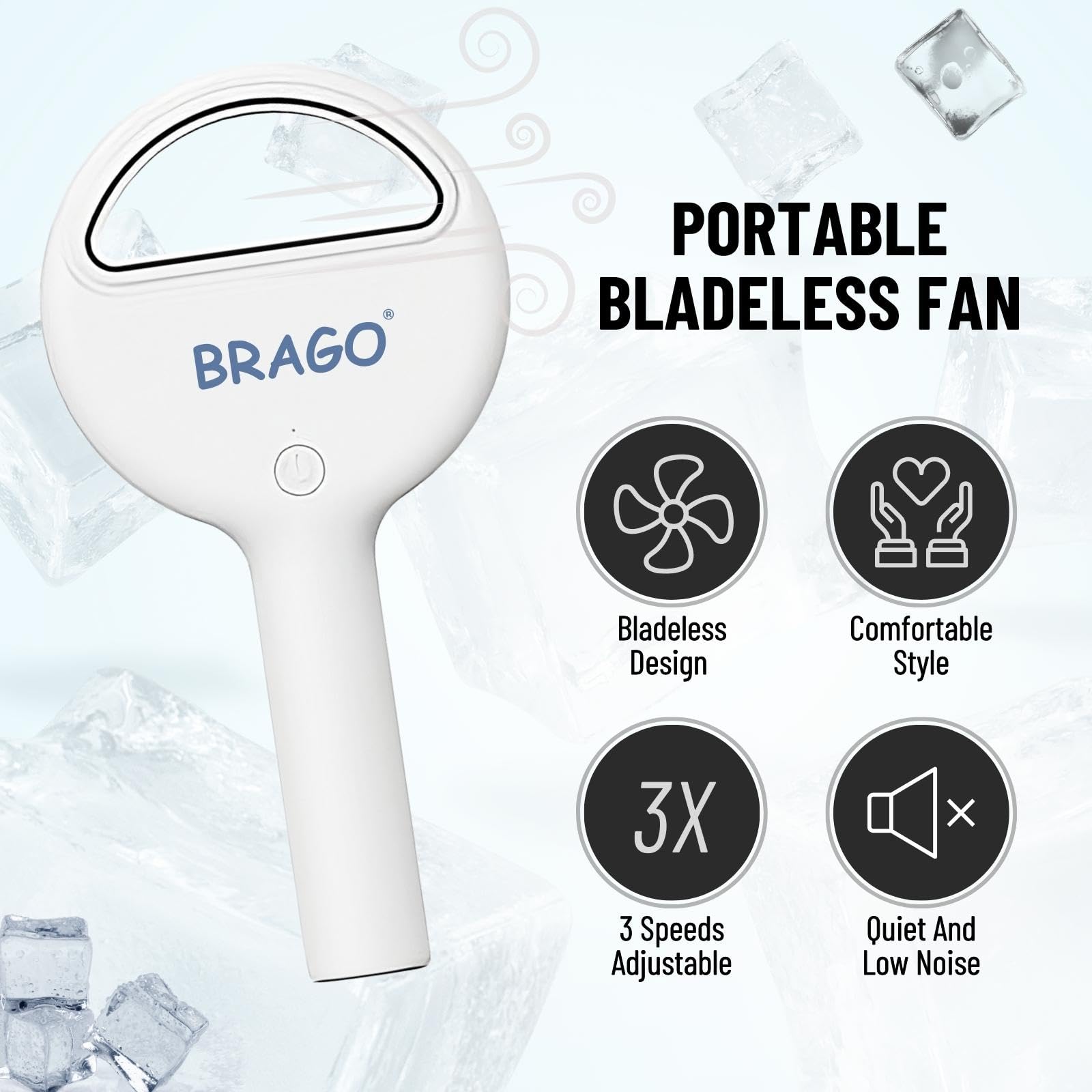 Brago Handheld Bladeless Mini Fan, Portable Hand Fan, Rechargeable Small Pocket Fan, Battery Operated Personal Fan for Indoor Outdoor Travelling (White)