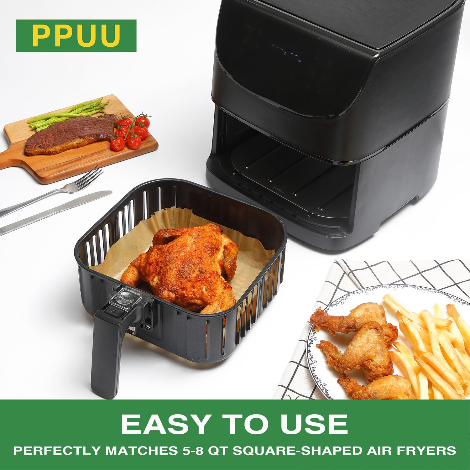 PPUU Air Fryer Liners Disposable, 8 inch Air Fryer Parchment Paper Compatible with COSORI/InstantPot 5-8 QT Air Fryer Oil-Resistant, Resistant to 428°F, Clean in One Second, Reinforced, 125pcs