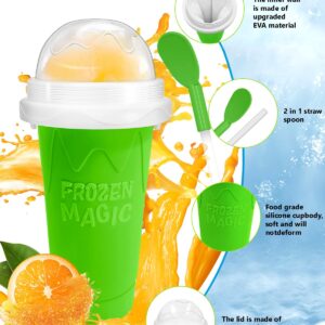 Slushy Maker Cup, DIY Magic Slushy Maker Squeeze Cup, Portable Smoothie Squeeze Cup for Juices, Milk and Ice Cream Make, Double Layers Silica Cup with Lid & Straw for Kids, Friends, Family (Green)1