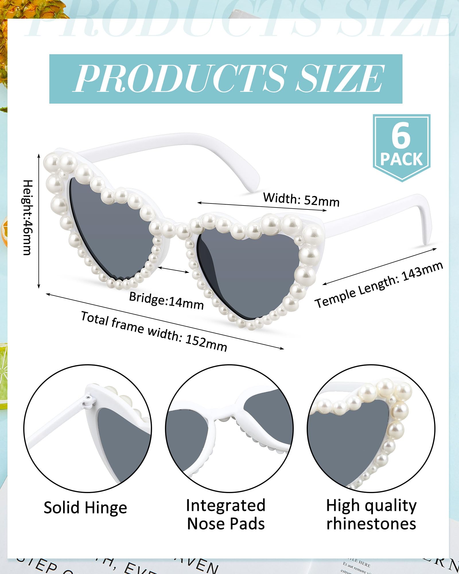 Huquary 6 Pairs Heart Pearl Sunglasses Bride Sunglasses for Wedding Vintage Heart Sun Glasses Love Shaped Sunglasses (White)