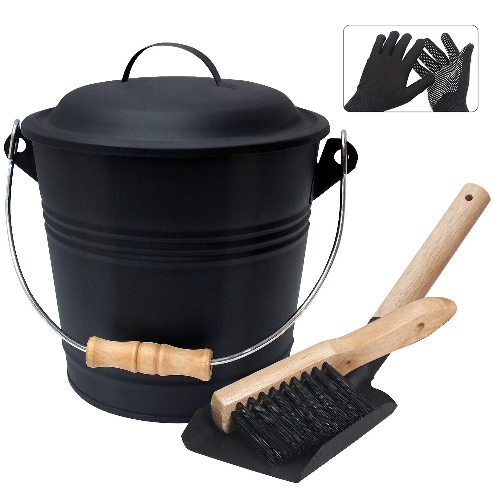 BRIAN & DANY Mini Ash Bucket with Lid and Shovel, 1.5 Gallon Fireplace Bucket with Broom, Coal Bucket Ash Can for Fireplace, Ashes, Fire Pit, Wood Burning Stove