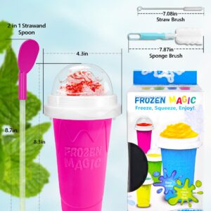 Slushy Maker Cup, DIY Magic Slushy Maker Squeeze Cup, Portable Smoothie Squeeze Cup for Juices, Milk and Ice Cream Make, Double Layers Silica Cup with Lid & Straw for Kids, Friends, Family (Pink)1