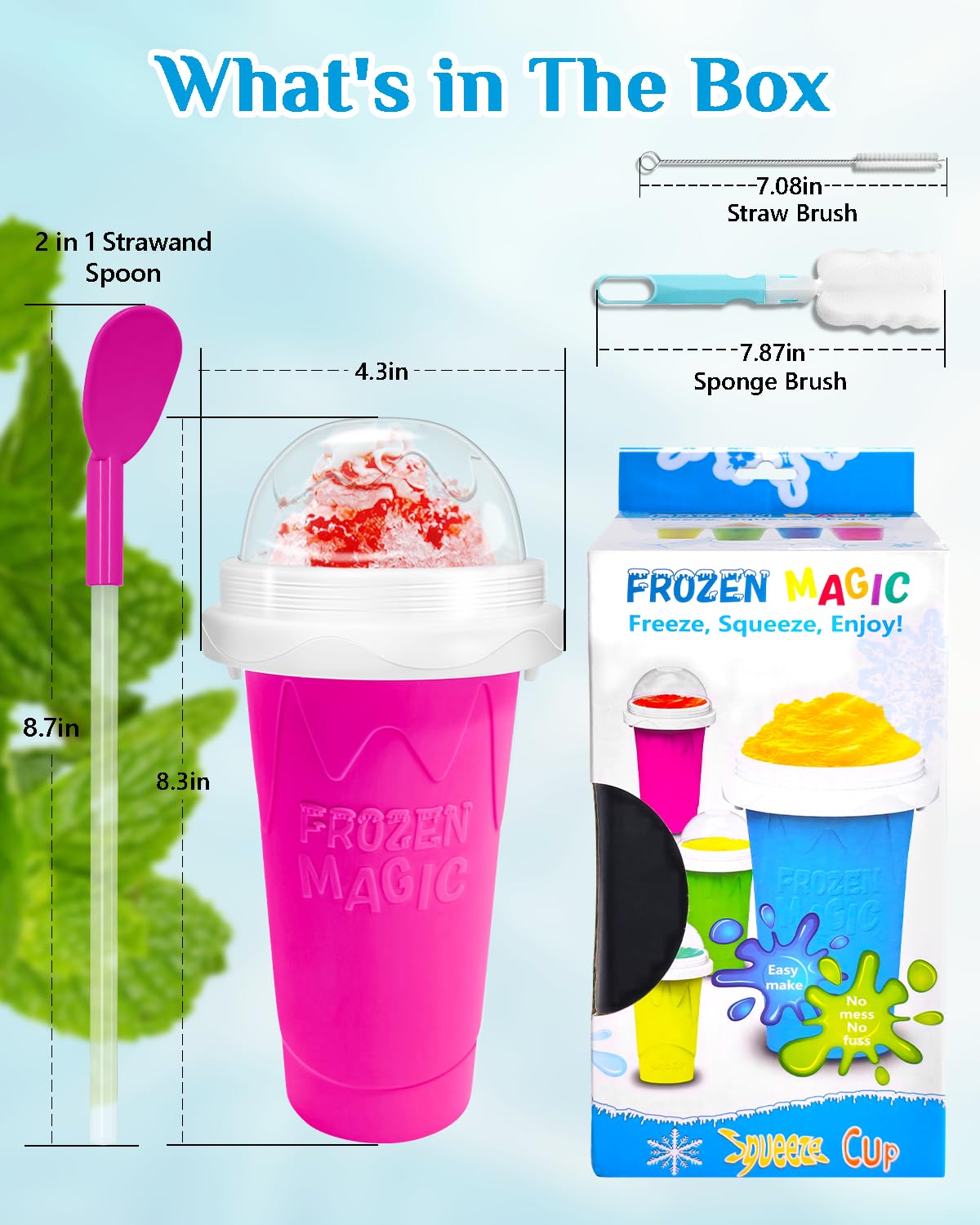 Slushy Maker Cup, DIY Magic Slushy Maker Squeeze Cup, Portable Smoothie Squeeze Cup for Juices, Milk and Ice Cream Make, Double Layers Silica Cup with Lid & Straw for Kids, Friends, Family (Pink)1