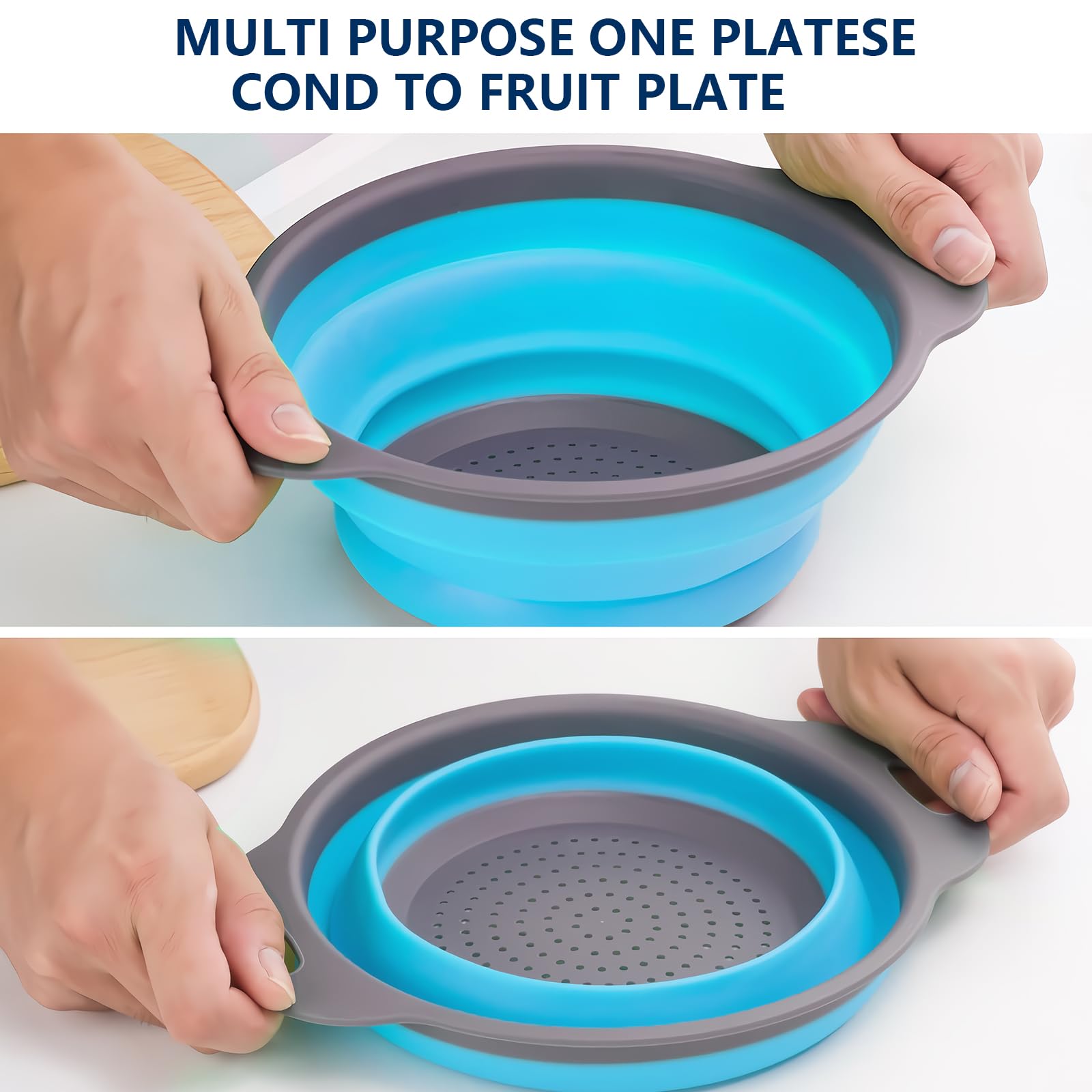 Collapsible Colander Set of 3 - Heat Resistant Washing and Draining of Vegetables Fruits Pasta - Perfect for Kitchen and Travel Use (3PCS-Blue)