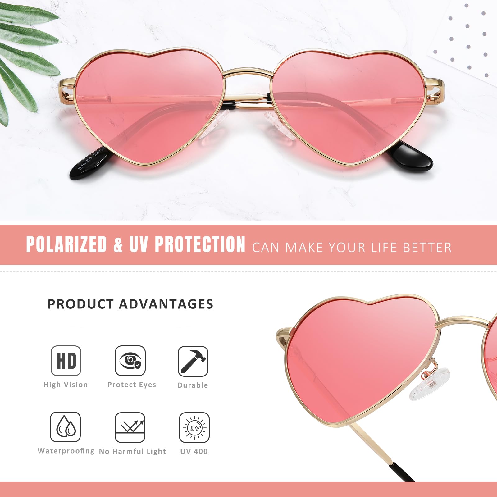 Eiuizah Polarized Heart Sunglasses for Women Men - Cute Trendy Sun Glasses Metal Frame UV400 Protection Lens