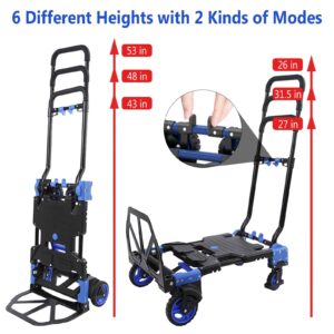 Folding Hand Truck and Dolly Cart Heavy Duty 330lb Load Carrying Portable 2 in 1 Convertible Hand Truck with 4 Rubber Wheels 2 Bungee Cords for Traveling,Office Use,Travel (Hand Truck with Basket)