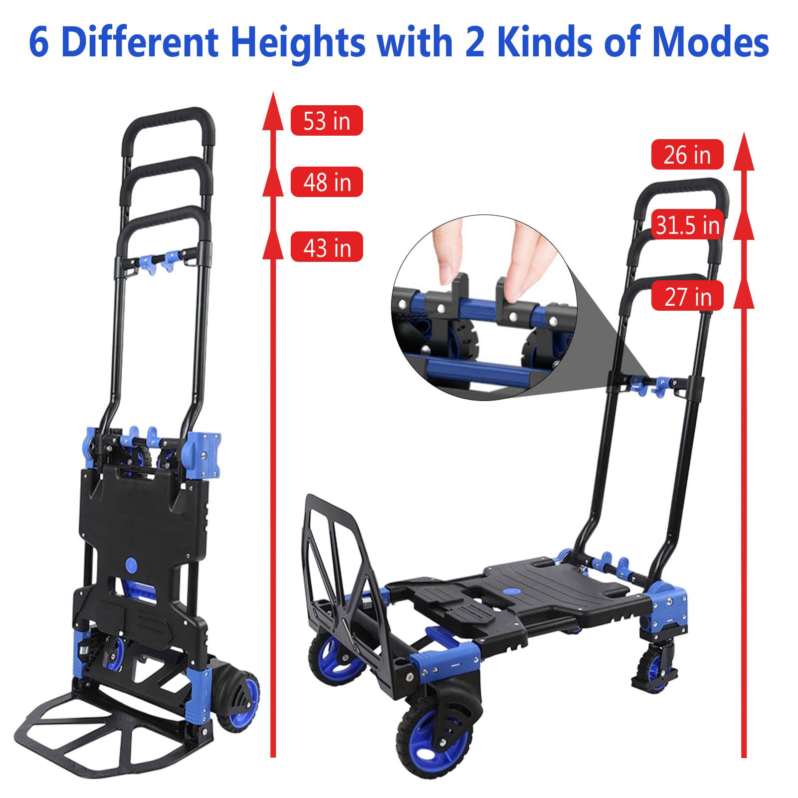 Folding Hand Truck and Dolly Cart Heavy Duty 330lb Load Carrying Portable 2 in 1 Convertible Hand Truck with 4 Rubber Wheels 2 Bungee Cords for Traveling,Office Use,Travel (Hand Truck with Basket)