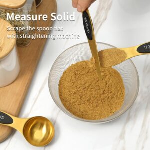 TLQSM Magnetic Measuring Spoons Set, Stainless Steel, Dual Sided, Stackable, Dual Sided for Measuring Dry and Liquid Ingredients, Fits in Spice Jars, Set of 8（Gold ）