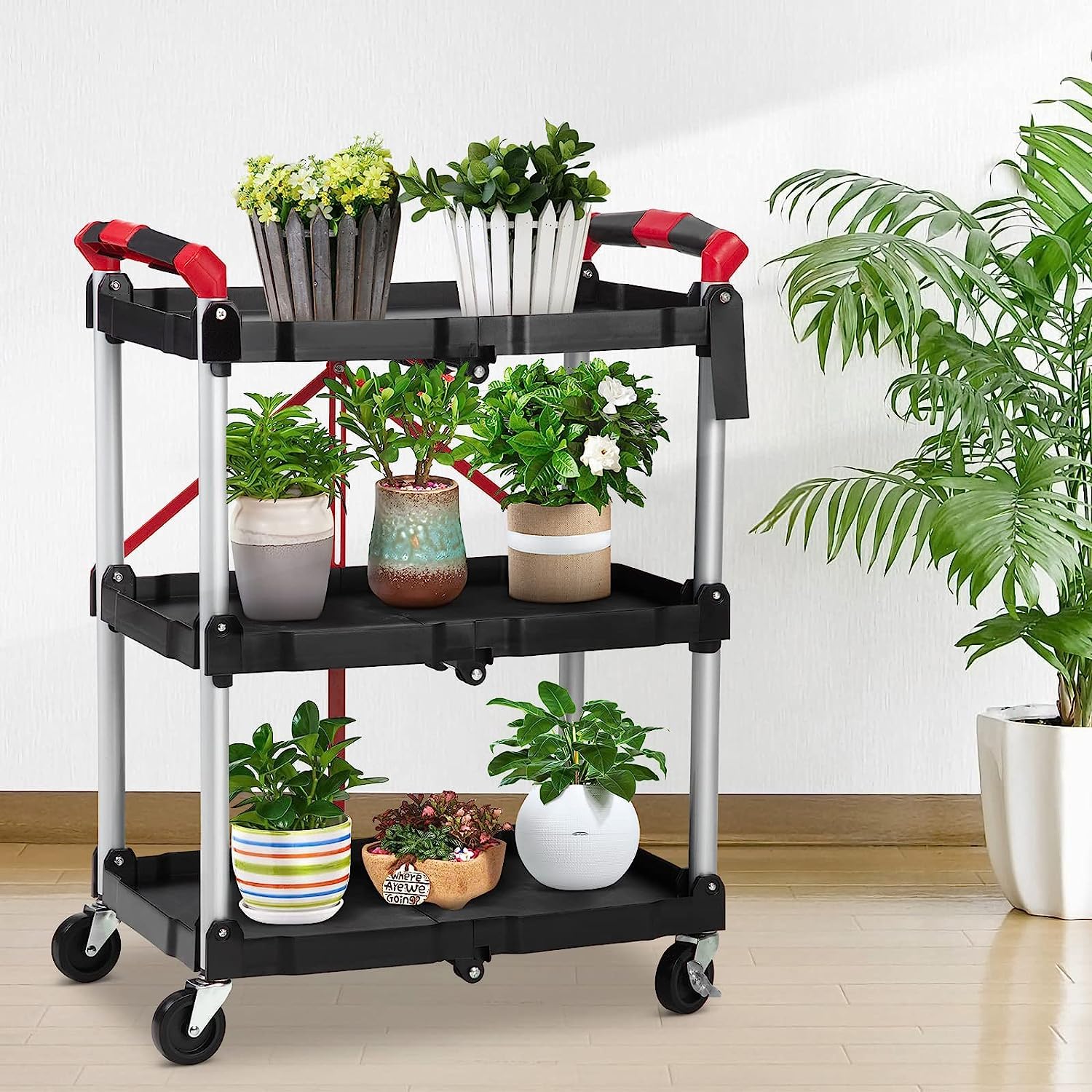 PioneerWorks 3-Tier Folding Service Cart, 56 Lbs Load Capacity, 360-Degree Wheels, Black