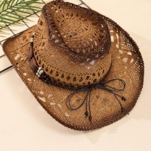 QWINEE Ombre Bead Decor Hollow Out Cowboy Hat Straw Cowboy Cowgirl Hats Summer Beach Sun Hat for Women Men Khaki one-Size