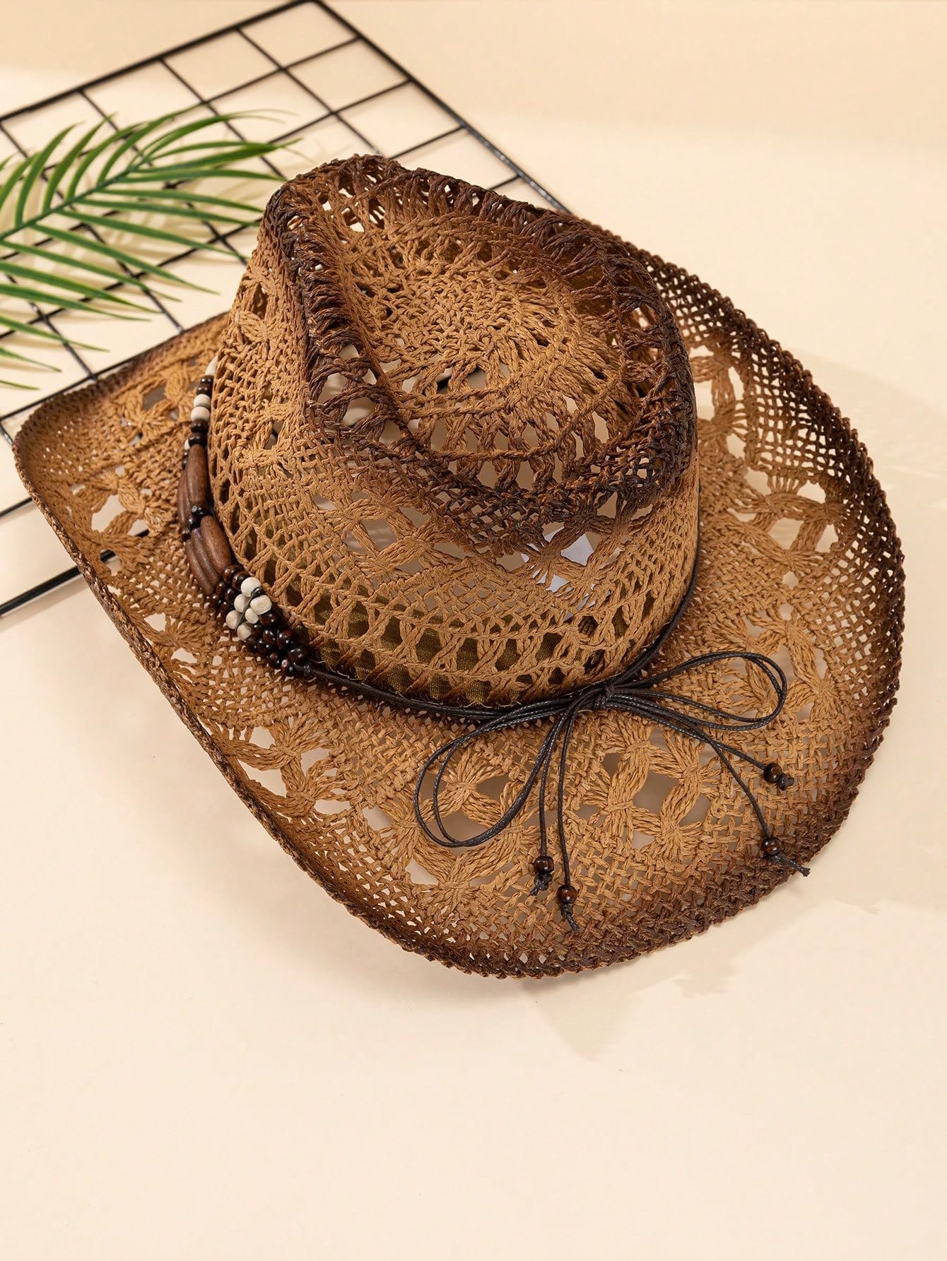 QWINEE Ombre Bead Decor Hollow Out Cowboy Hat Straw Cowboy Cowgirl Hats Summer Beach Sun Hat for Women Men Khaki one-Size