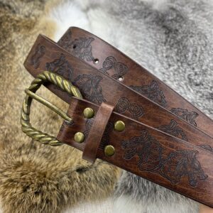 HiiFeuer Viking Fenrir Embossed Buckle Belt with Nordic Embossed Belt Bag, Vintage Faux Leather Belt and Belt Pouch Set for LARP (Brown C)