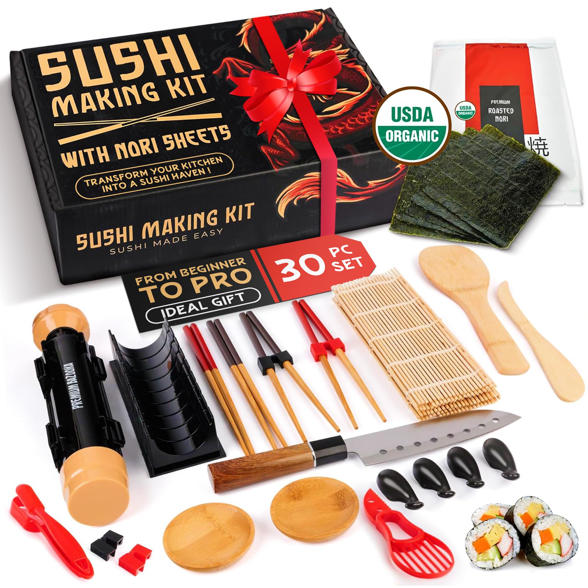 Sushi Making Kit Bazooka Sushi Maker Kit, Bamboo Sushi Kit Sushi Rolling Mat,Set for Beginners DIY Sushi at Home Easy Roll & Create Delicious Sushi Roller Sushi Knife Sushi Bamboo Roller, USDA Organic