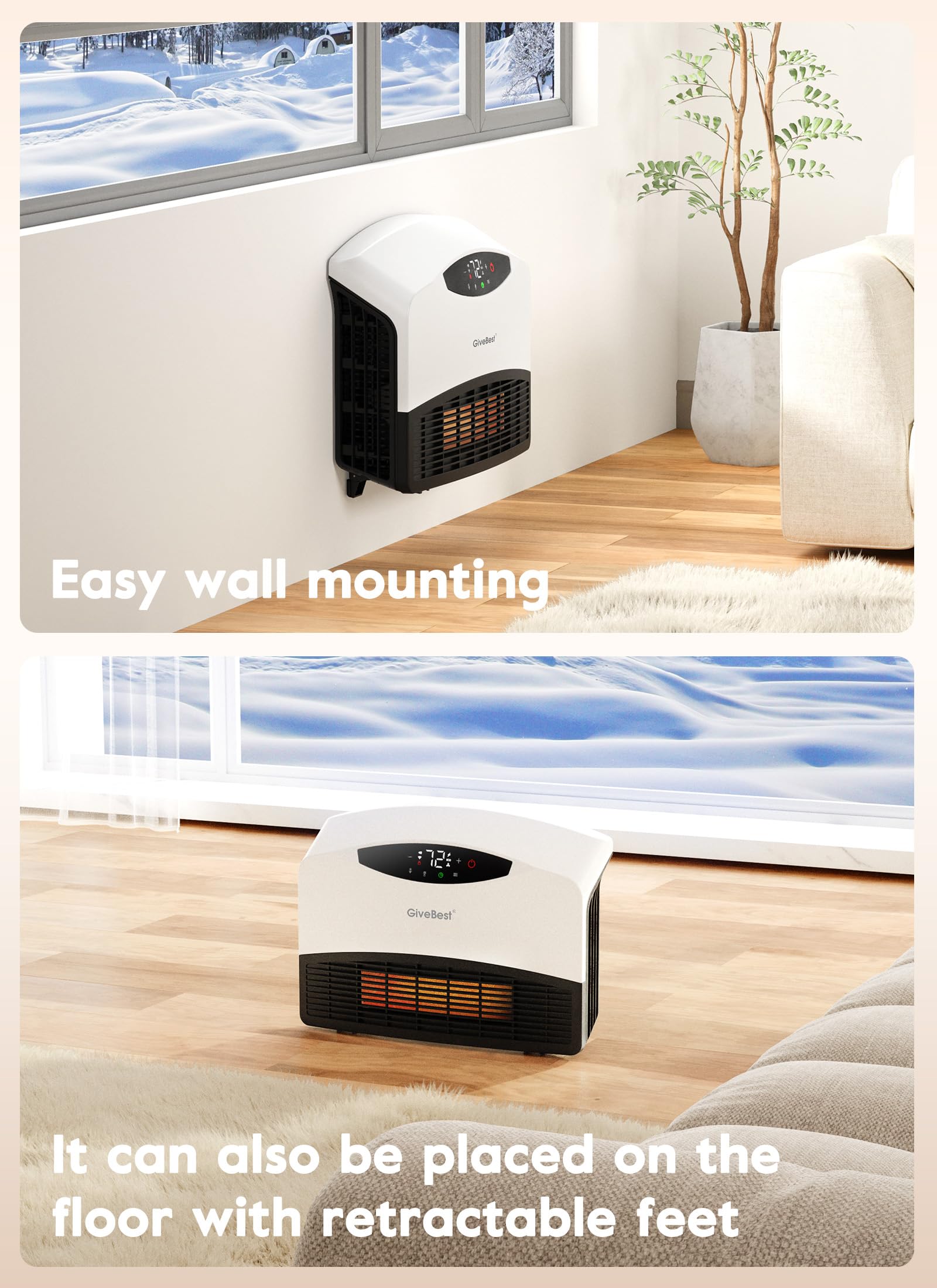 GiveBest Electric Wall Heater with WiFi and Remote Control, Floor or Wall Mounted Heater, Large Room Coverage, 3 Heating Modes, 1500W Fast Heating Space with Thermostat for Indoor Room Use