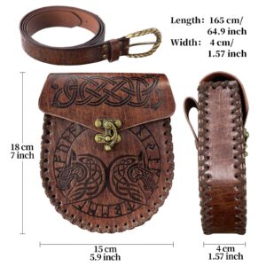 HiiFeuer Viking Fenrir Embossed Buckle Belt with Nordic Embossed Belt Bag, Vintage Faux Leather Belt and Belt Pouch Set for LARP (Brown C)