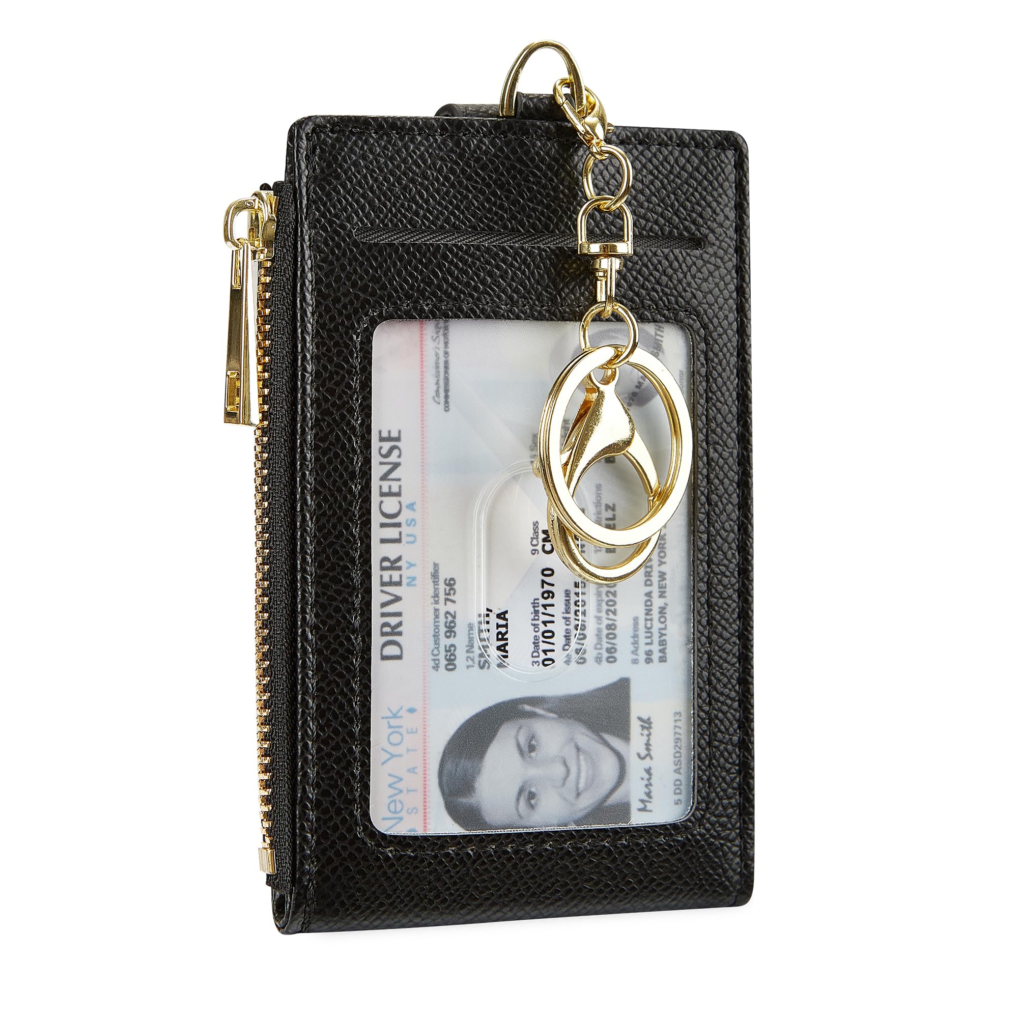 Cynure Women & Men Leather RFID Blocking Card Holder Slim Small Zipper Keychain Front Pocket Wallet with 2 ID Window, black