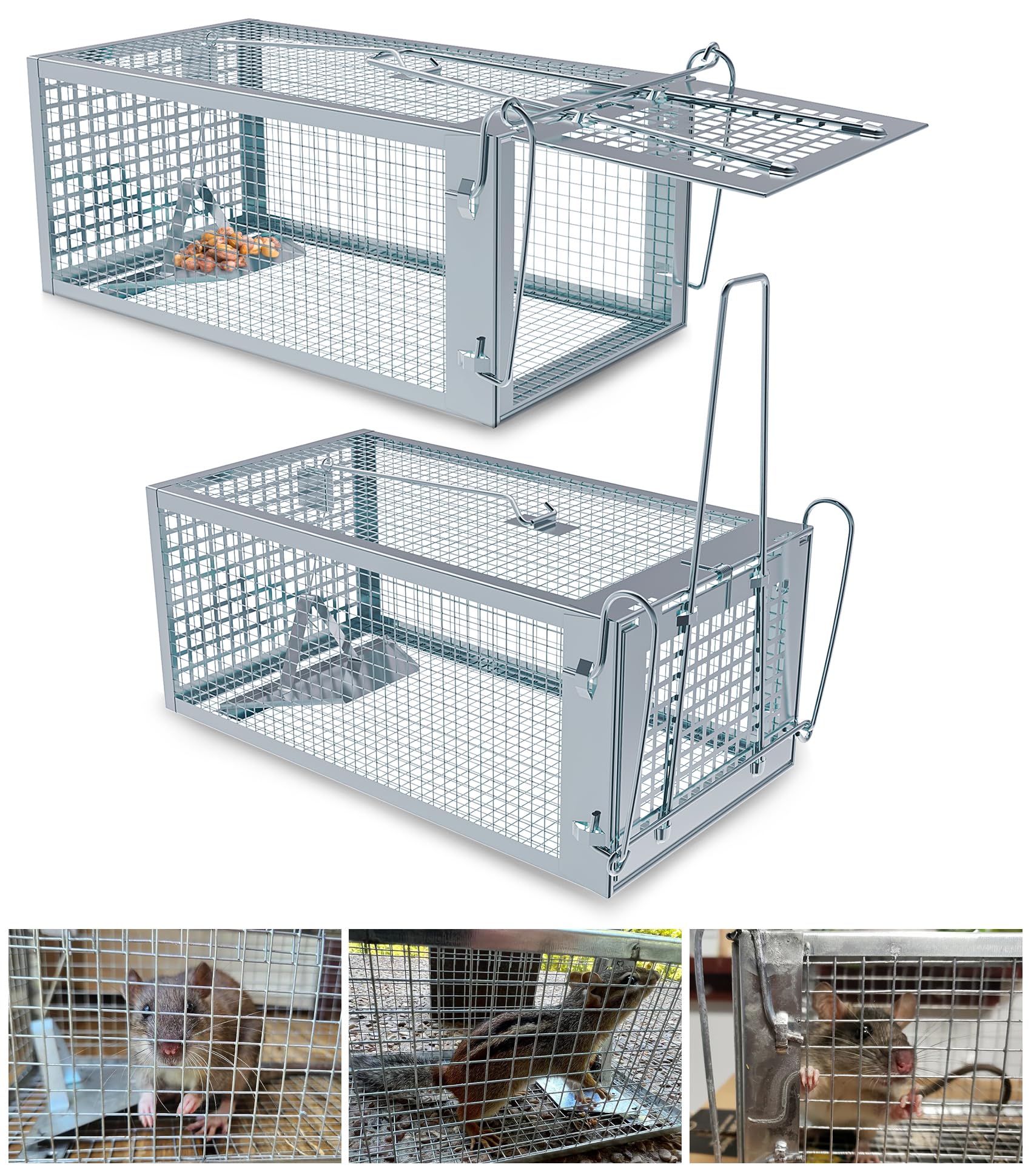 2 Packs Humane Rat Trap Outdoor, Wanqueen Humane Mouse Traps Indoor, Small Rodent Chipmunk Squirrel Trap and Other Live Animal Cage Catch and Release