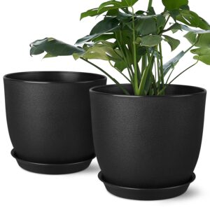 plant pots 8 inch set of 2, flower pots with multi mesh drainage holes, planters for indoor outdoor garden plants and flowers (black)