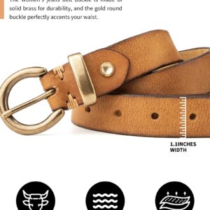 TYWestyles Womens Belt for Jeans Genuine Leather Belt Vintage Solid Brass Circle buckle Gift Box Packaging (Tan-1, Fit Waist 30（Pants 4)