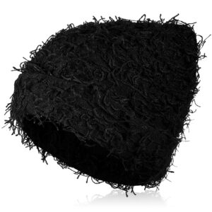 Chuarry Distressed Knitted Beanie Fuzzy Winter Hats Thick Warm Beanies Snow Hats Skull for Women Men Outdoor Ski Knit Cap(Adult,Black)