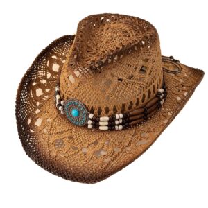 QWINEE Ombre Bead Decor Hollow Out Cowboy Hat Straw Cowboy Cowgirl Hats Summer Beach Sun Hat for Women Men Khaki one-Size